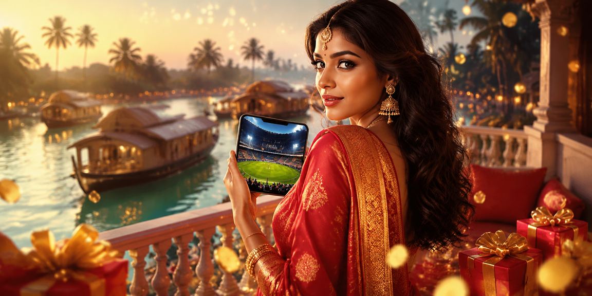 Female player enjoying Teen Patti on mobile device near Kerala backwaters