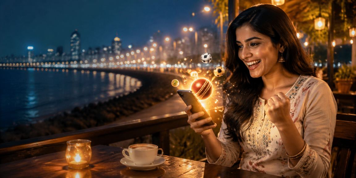 Indian player enjoying mobile rummy game at marine drive Mumbai