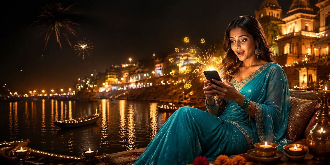Female rummy player enjoying mobile card game along Varanasi river ghat